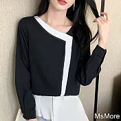 【MsMore】 雪紡襯衫設計感長袖V領拼接寬鬆短版上衣# 118941 2XL 黑色