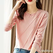 【MsMore】 粉色圓領長袖時尚純色休閒減齡氣質短版上衣# 119396 L 粉紅色