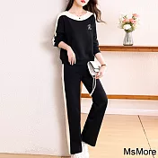 【MsMore】 運動套装時髦長袖圓領時尚小個子休閒高腰長褲兩件式套裝# 119400 L 黑色