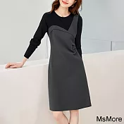 【MsMore】 時尚撞色拼接設計感長袖顯瘦連身裙中長版洋裝# 119402 2XL 灰色