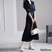 【MsMore】 輕奢連身裙高級感OL職業氣質女神長袖長版洋裝# 119424 M 藏青色