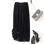 【MsMore】 鬆緊腰顯瘦金絲絨半身裙高級感復古寬鬆A字長裙# 119247 XL 黑色