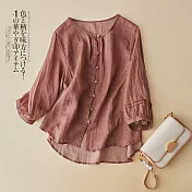 【慢。生活】圓領棉麻復古文藝百搭休閒開扣襯衫 2877  FREE 紅色