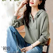 【初色】純色鬆餅格字母繡花長袖抽繩連帽T恤上衣-灰綠色-30410(M-2XL可選) M 灰綠色