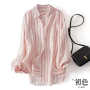 【初色】薄款寬鬆條紋翻領落肩長袖長版襯衫女上衣-粉色-30337(M-2XL可選) L 粉色