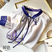 【初色】緞面雪紡水彩風花朵印花蝴蝶結圓領連肩長袖中大碼女襯衫上衣-白紫色-30338(M-2XL可選) L 白紫色