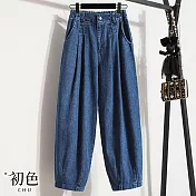 【初色】大碼高腰休閒九分牛仔褲長褲-共2色-30413(M-2XL可選) L 深藍色