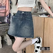 【Jilli~ko】復古高腰雙口袋牛仔包臀短裙 M-L J11050  M 藍色