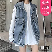 【Jilli~ko】BF風疊穿寬鬆無袖坎肩牛仔外套背心中大尺碼 J11068 FREE 藍色