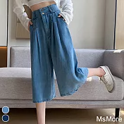 【MsMore】 牛仔褲天絲感高腰雙扣七八分闊腿大襬裙褲# 119354 L 藍色