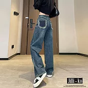 【Jilli~ko】高腰毛邊設計拼色闊腿直筒牛仔褲 M-2XL J11033  L 藍色