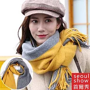 Seoul Show首爾秀 韓款加厚雙色拼接針織仿羊絨情侶圍巾披肩 芥黃+灰