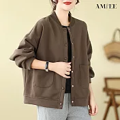 【AMIEE】經典休閒圓領排扣衛衣外套(4色/M-XL/KDCQ-2336) M 咖啡色