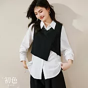 【初色】純色不對稱設計背心+寬鬆翻領長袖襯衫上衣套裝-共2色-30532(M-2XL可選) 2XL 黑色