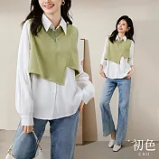 【初色】純色不對稱設計背心+寬鬆翻領長袖襯衫上衣套裝-共2色-30532(M-2XL可選) 2XL 綠色