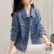 【初色】襯衫領撞色拼接編織肌理短版顯瘦夾克外套-藍色-30528(M-2XL可選) L 藍色