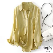 【初色】輕薄透氣寬鬆薄天絲休閒素色翻領排扣單口袋空調防曬長袖襯衫上衣-共4色-30607(M-2XL可選) M 黃色