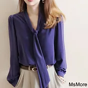 【MsMore】 浪漫長袖花藍調領巾款垂感抗皺小寬鬆襯衫短版上衣# 119182 L 紫色