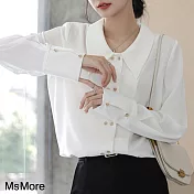 【MsMore】 法式職業通勤緞面白色襯衫小尖領金扣垂感長袖百搭短版上衣# 118823 M 白色