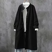 【ACheter】 復古長版立領收腰風衣長袖休閒顯瘦純棉洗水圓領外套# 119601 L 黑色