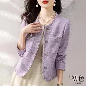 【初色】小香風粗花呢長袖圓領短款西裝外套-紫色-30605(M-2XL可選) M 紫色