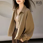 【初色】秋季翻領素色寬鬆襯衫長袖上衣-棕色-30438(M-2XL可選) 2XL 棕色
