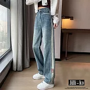 【Jilli~ko】高腰撞色設計闊腿直筒拖地牛仔褲 M-2XL J11039  2XL 藍色