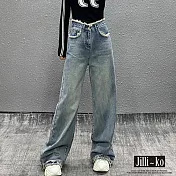 【Jilli~ko】高腰毛邊設計復古直筒拖地牛仔褲 M-2XL J11034  L 藍色