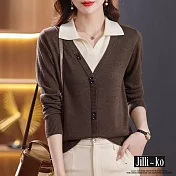 【Jilli~ko】假兩件翻領假扣造型長袖針織衫 J11002  FREE 深咖色