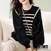 【Jilli~ko】假兩件花邊領拼接針織燈籠袖上衣 J10995  FREE 黑色