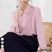 【MsMore】 曼貝法式襯衫長袖寬鬆百搭上衣大碼雪紡短版上衣# 119638 L 粉紅色