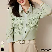 【MsMore】 時尚氣質設計感壓褶休閒百搭長袖襯衫短版上衣# 119640 2XL 綠色