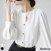 【MsMore】 法式小眾復古鏤空襯衫不規則設計感圓領泡泡長袖短版上衣# 119645 M 白色