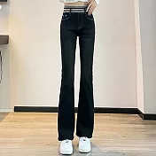 【MsMore】 鬆緊寬版高腰頭微喇牛仔褲顯瘦百搭修身褲長褲# 119693 L 黑灰色