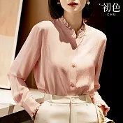 【初色】花瓣領素色長袖襯衫上衣-共3色-30488(M-XL可選) L 淡粉色