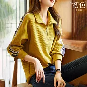【初色】翻領方格肌理感設計條紋長袖POLO衫T恤上衣-黃色-30481(M-2XL可選) 2XL 黃色
