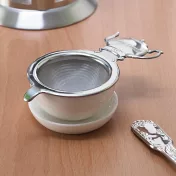 【日本青芳製作所】茶壺握把 不鏽鋼濾茶器(附白陶皿) ‧ 銀