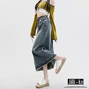 【Jilli~ko】高腰毛邊設計復古牛仔包臀裙 M-L J11037  M 藍色
