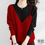 【初色】撞色不對襯拼接假兩件寬鬆圓領長袖薄針織衫毛衣打底內搭上衣-共4色-30731(F可選) F 紅色
