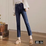 【Jilli~ko】高腰彈力修身煙九分管直筒牛仔褲 M-XL J11038 XL 深藍色