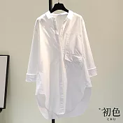 【初色】休閒素色翻領排扣寬鬆設計感側開叉單口袋圓弧下襬長袖襯衫上衣-白色-30591(M-2XL可選) 2XL 白色