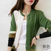 【初色】休閒圓領撞色拼接長袖針織上衣外套-共2色-30637(F可選) F 綠色