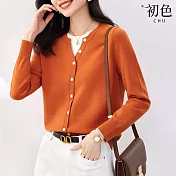 【初色】V領假兩件開衫針織長袖上衣-共3色-30619(F可選) F 橙紅色