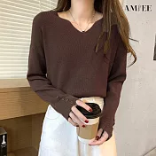 【AMIEE】慵懶風薄款V領針織衫(5色/FREE/KDTQ-6190) F 咖啡色