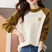 【MsMore】 美式復古高街毛衣拼色插肩長袖寬鬆針織衫笑臉拼接潮牌短版上衣# 119630 FREE 綠色