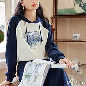 【MsMore】 梵古鳶尾花印花長袖連帽短版上衣# 119718 XL 藍色