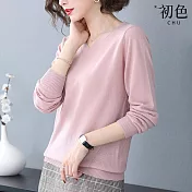【初色】簡約長袖V領螺紋素色針織衫毛衣上衣-共5色-30848(F可選) F 粉紅色