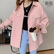 【初色】翻領純色寬鬆工裝長袖襯衫上衣-共3色-30876(M-2XL可選) XL 粉紅色