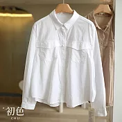 【初色】純色棉麻風寬鬆顯瘦翻領單排釦長袖復古襯衫女上衣-共4色-30806(M-2XL可選) 2XL 白色
