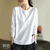 【初色】休閒圓領落肩長袖寬鬆純色T恤上衣-共6色-30809(M-2XL可選) XL 白色